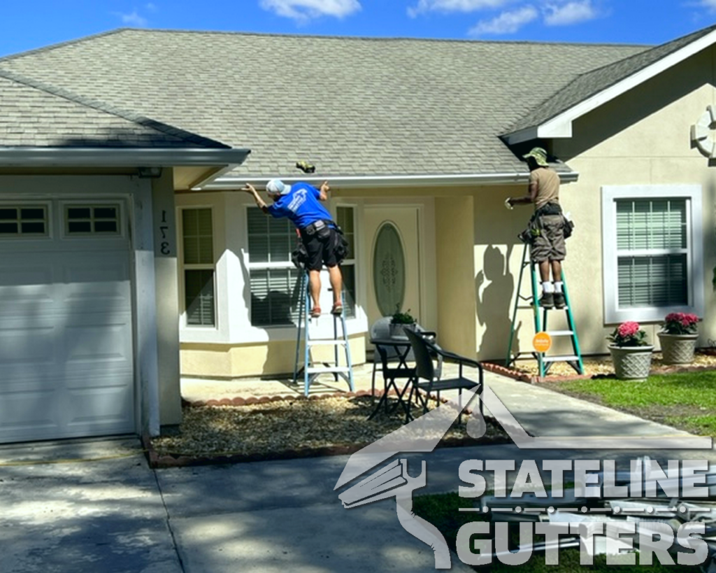 Crew installing gutters